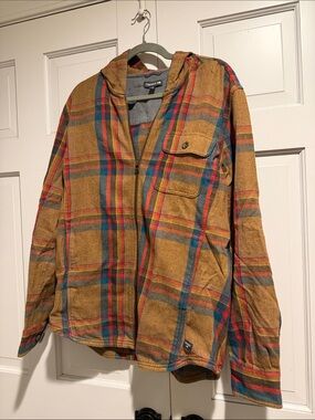 Toad&Co Hooded Plaid Flannel Shirt Jacket Brown Plaid Full Zip Size Medium